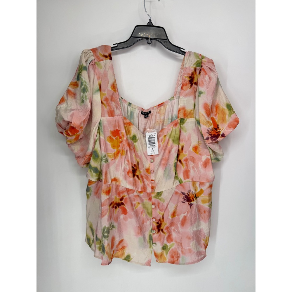Torrid Peplum Top Womens 2X Pink Floral New Puff Sleeve Button Front 43655786